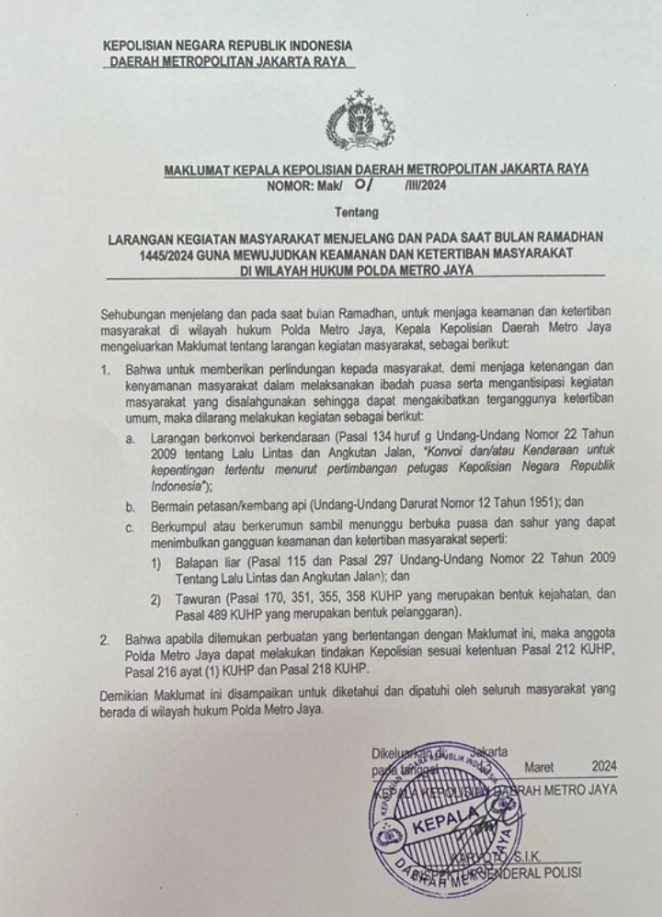 Kapolda Metro Jaya Terbitkan Maklumat, Wujudkan Keamanan Dan Ketertiban Bulan Ramadhan
